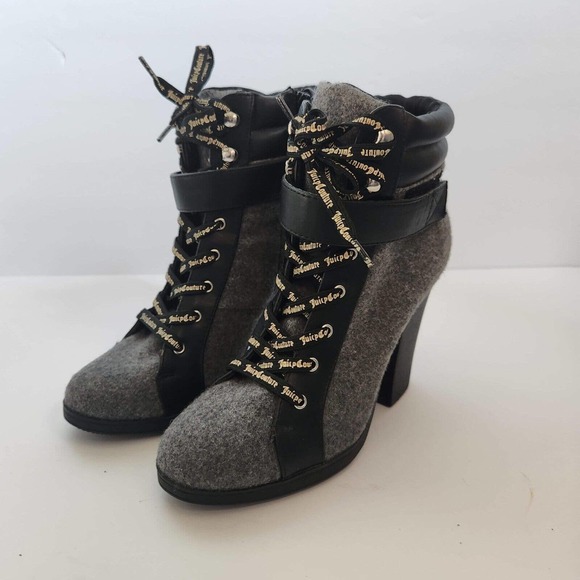 Juicy Couture Jessie Gray Booties US 7 1/2M Side Zip/Lace Up Ankle Boot Shoes - Picture 1 of 6